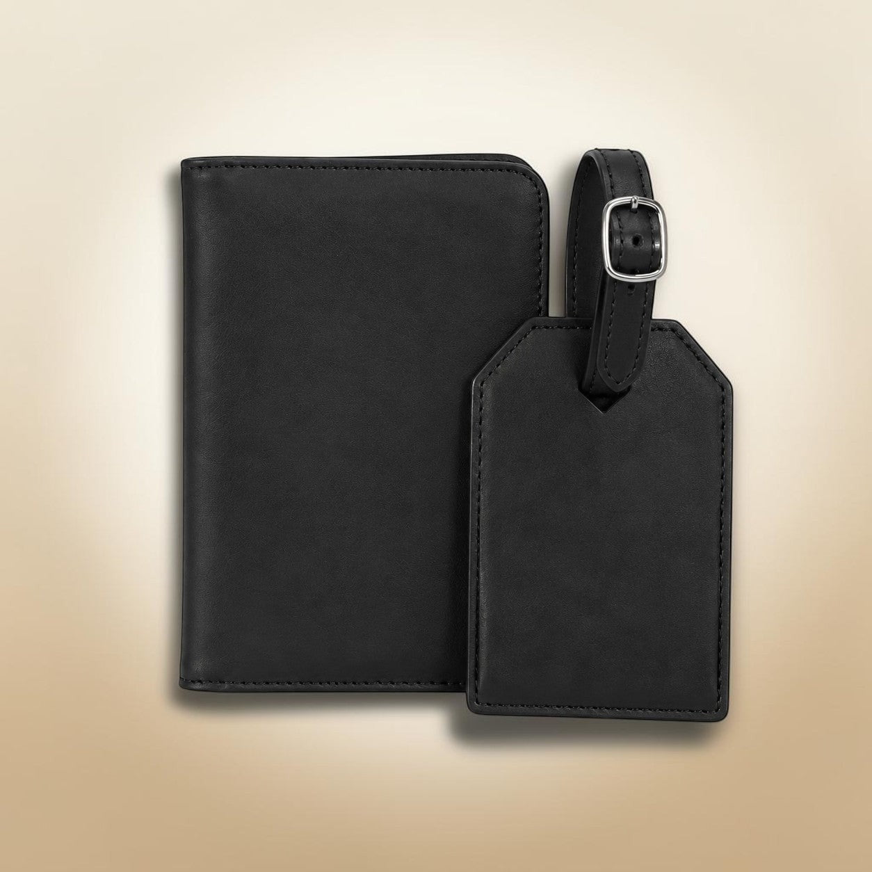 Engravr store display travel gift set featuring a black leather RFID passport wallet and matching luggage tag.