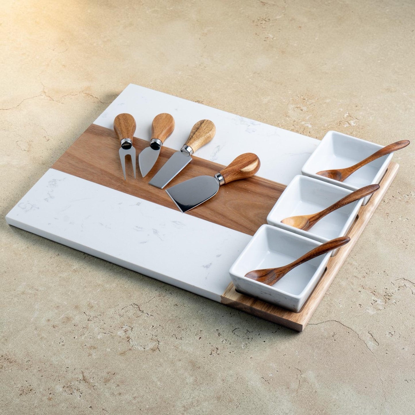 Personalized Marble & Acacia Charcuterie Board Gift Set – 11 Piece Set