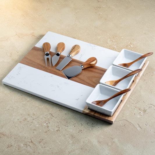 Personalized Marble & Acacia Charcuterie Board Gift Set – 11 Piece Set