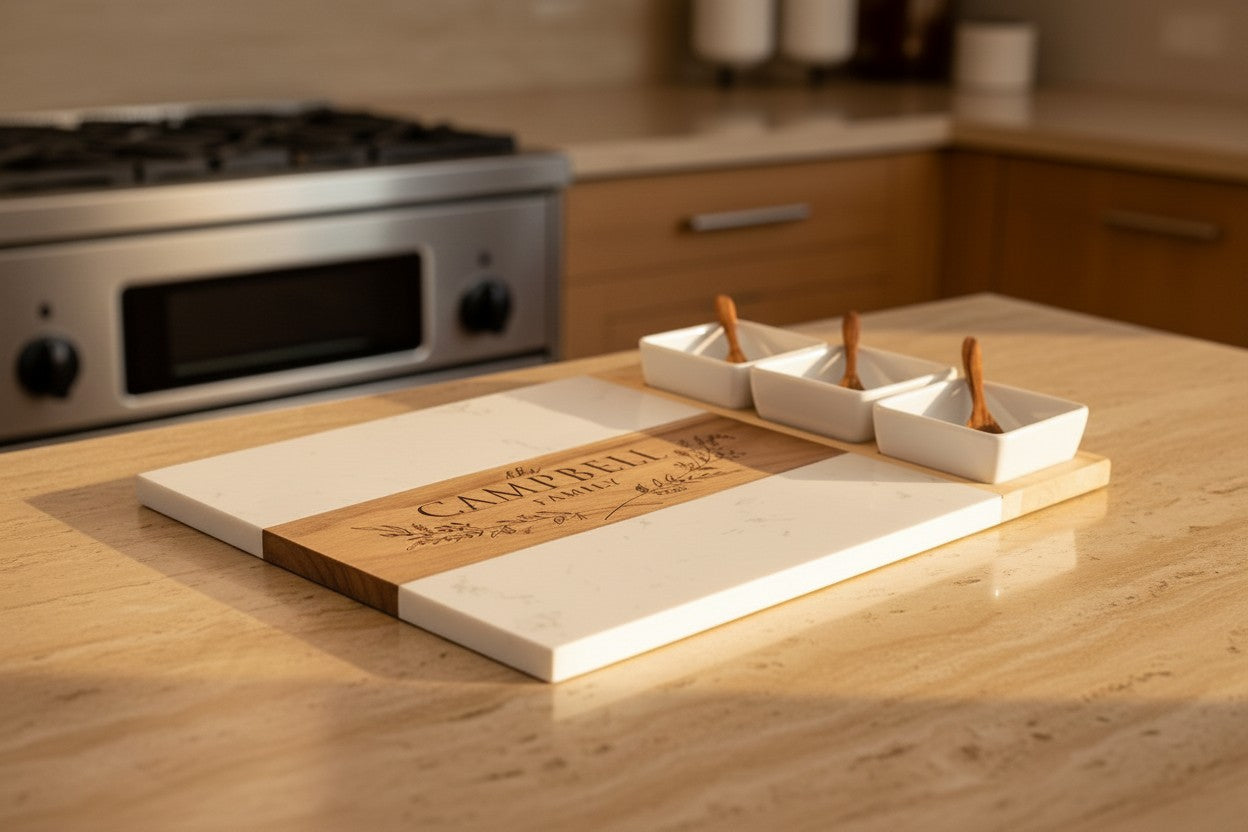 Personalized Marble & Acacia Charcuterie Board Gift Set – 11 Piece Set