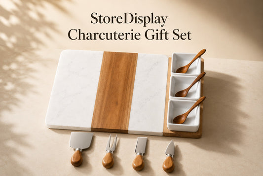 Store Display Luxury personalized charcuterie board gift display for corporate gifting, housewarming gifts, and client appreciation