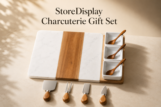 Store Display Luxury personalized charcuterie board gift display for corporate gifting, housewarming gifts, and client appreciation