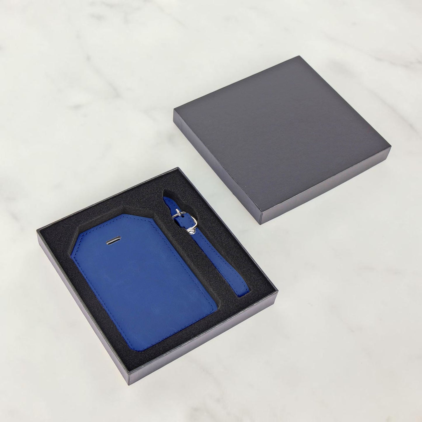 Navy personalized luggage tag with custom laser engraving for travel and business trips