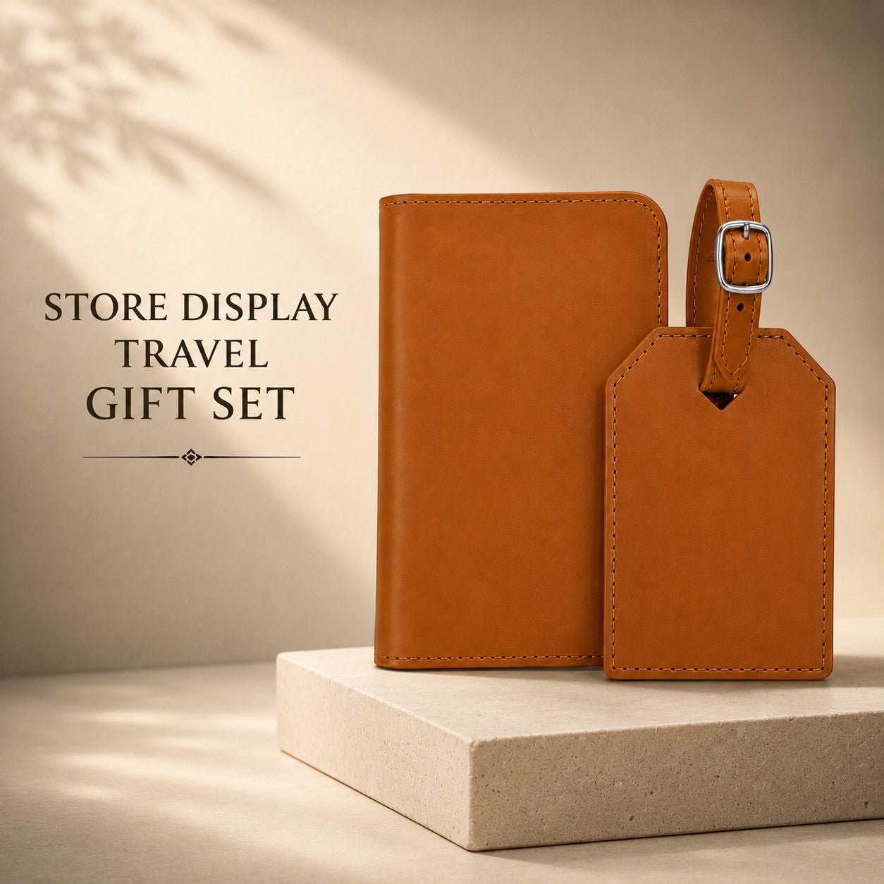 Engravr store display travel gift set featuring a tan leather RFID passport wallet and matching luggage tag.