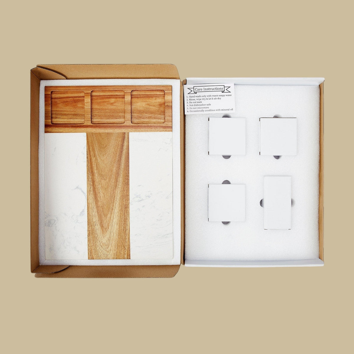gift display for marble and acacia charcuterie board gift set in premium foam-lined gift box ideal corporate gifting, housewarming gifts, and client appreciation